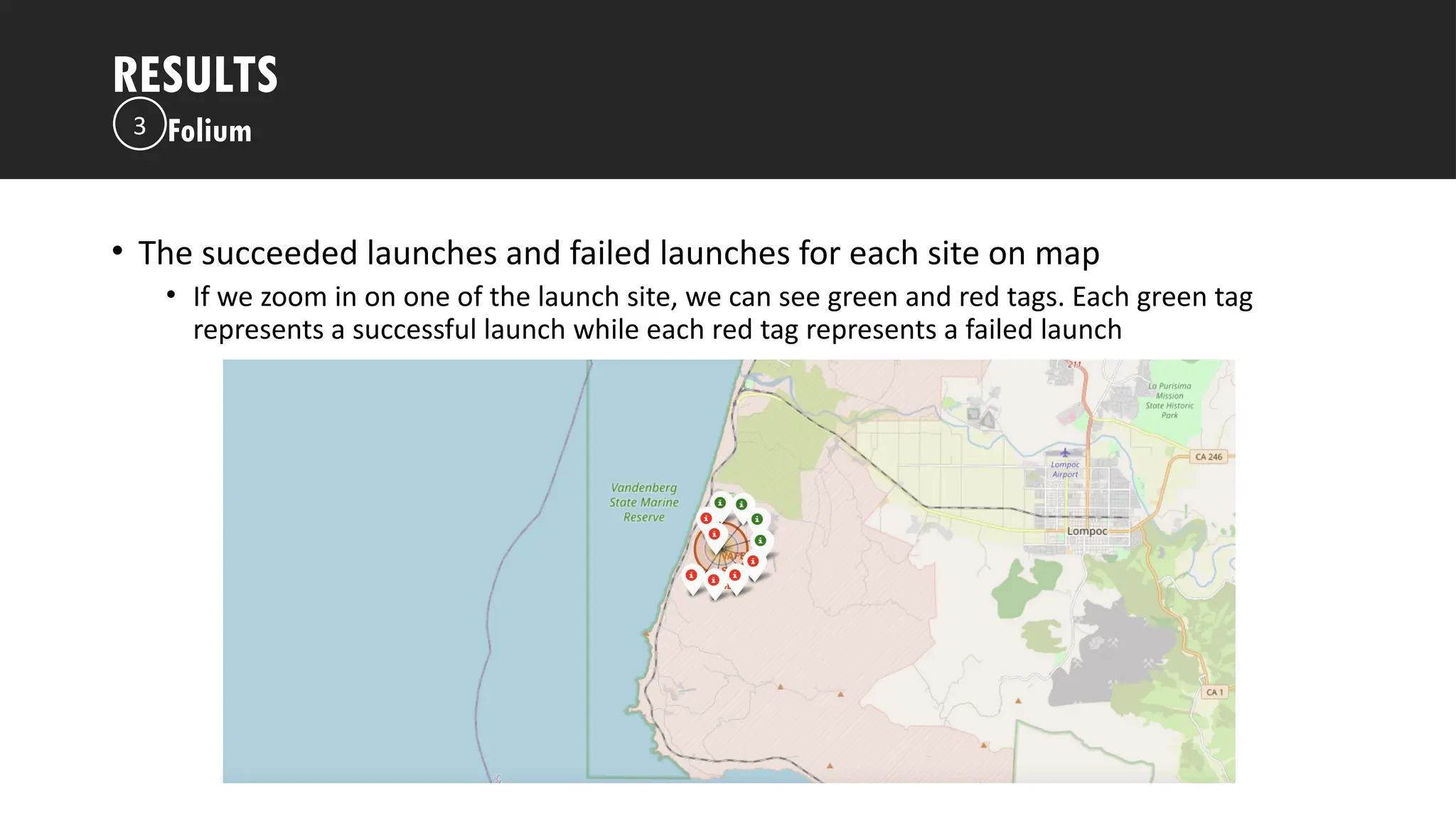 Outline
• The succeeded launches and failed launches for each site on map
• If we zoom in on one of the launch site, we can see green and red tags. Each green tag
represents a successful launch while each red tag represents a failed launch
RESULTS
Folium
3
 
