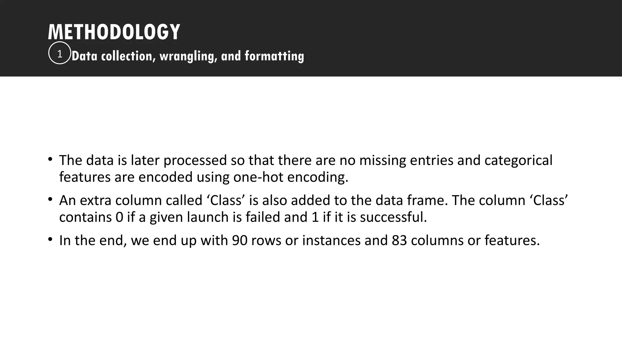 Outline
• The data is later processed so that there are no missing entries and categorical
features are encoded using one-hot encoding.
• An extra column called ‘Class’ is also added to the data frame. The column ‘Class’
contains 0 if a given launch is failed and 1 if it is successful.
• In the end, we end up with 90 rows or instances and 83 columns or features.
METHODOLOGY
Data collection, wrangling, and formatting
1
 