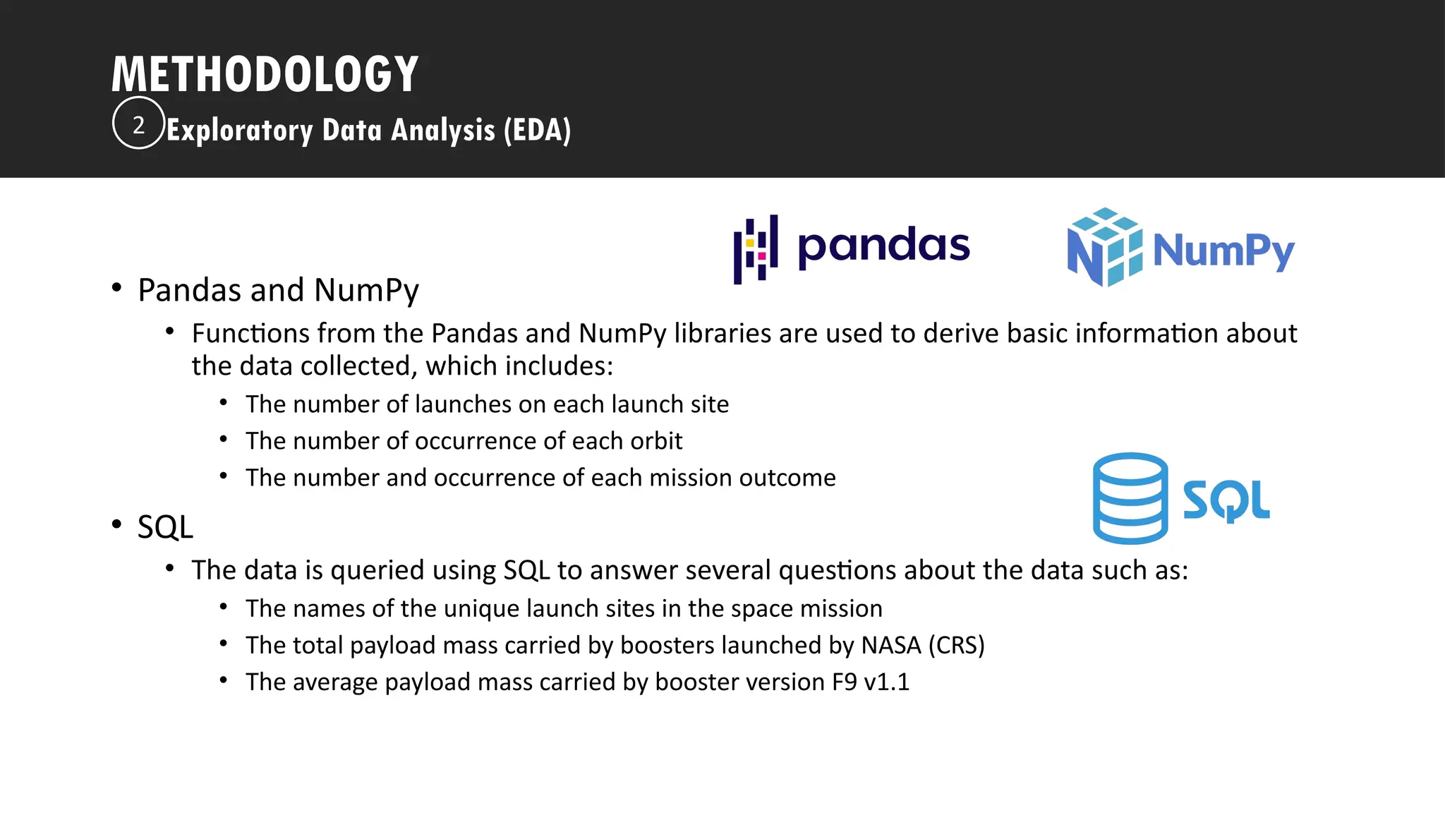 Outline
• Pandas and NumPy
• Functions from the Pandas and NumPy libraries are used to derive basic information about
the data collected, which includes:
• The number of launches on each launch site
• The number of occurrence of each orbit
• The number and occurrence of each mission outcome
• SQL
• The data is queried using SQL to answer several questions about the data such as:
• The names of the unique launch sites in the space mission
• The total payload mass carried by boosters launched by NASA (CRS)
• The average payload mass carried by booster version F9 v1.1
METHODOLOGY
Exploratory Data Analysis (EDA)
2
 