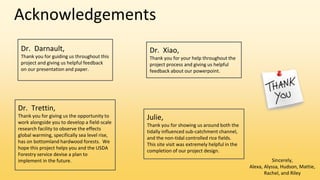 Acknowledgements
Sincerely,
Alexa, Alyssa, Hudson, Mattie,
Rachel, and Riley
Dr. Darnault,
Thank you for guiding us throughout this
project and giving us helpful feedback
on our presentation and paper.
Dr. Xiao,
Thank you for your help throughout the
project process and giving us helpful
feedback about our powerpoint.
Dr. Trettin,
Thank you for giving us the opportunity to
work alongside you to develop a field-scale
research facility to observe the effects
global warming, specifically sea level rise,
has on bottomland hardwood forests. We
hope this project helps you and the USDA
Forestry service devise a plan to
implement in the future.
Julie,
Thank you for showing us around both the
tidally influenced sub-catchment channel,
and the non-tidal controlled rice fields.
This site visit was extremely helpful in the
completion of our project design.
 