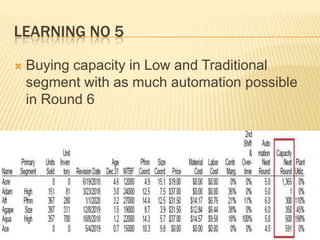 LEARNING NO 5


Buying capacity in Low and Traditional
segment with as much automation possible
in Round 6

 
