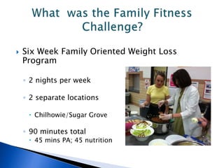  Six Week Family Oriented Weight Loss
Program
◦ 2 nights per week
◦ 2 separate locations
 Chilhowie/Sugar Grove
◦ 90 minutes total
 45 mins PA; 45 nutrition
 