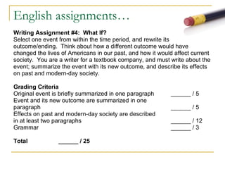 English assignments… Writing Assignment #4:  What If? Select one event from within the time period, and rewrite its  outcome/ending.  Think about how a different outcome would have  changed the lives of Americans in our past, and how it would affect current  society.  You are a writer for a textbook company, and must write about the  event; summarize the event with its new outcome, and describe its effects  on past and modern-day society.  Grading Criteria  Original event is briefly summarized in one paragraph ______ / 5 Event and its new outcome are summarized in one paragraph ______ / 5 Effects on past and modern-day society are described in at least two paragraphs ______ / 12 Grammar ______ / 3 Total  ______ / 25 