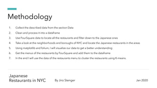 Japanese
Restaurants in NYC By Jiro Stenger
Methodology
1. Collect the described data from the section Data
2. Clean and p...