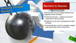 11
What barriers are preventing students from
engaging in their learning?
Cultural relevance – students do not feel
connected to their learning.
Students are not active participants in their
learning.
Curriculum does not have enough examples
and content that relate to their lives.
Barriers to Success
 