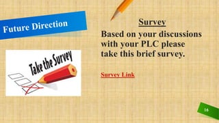 16
Survey
Based on your discussions
with your PLC please
take this brief survey.
Survey Link
 