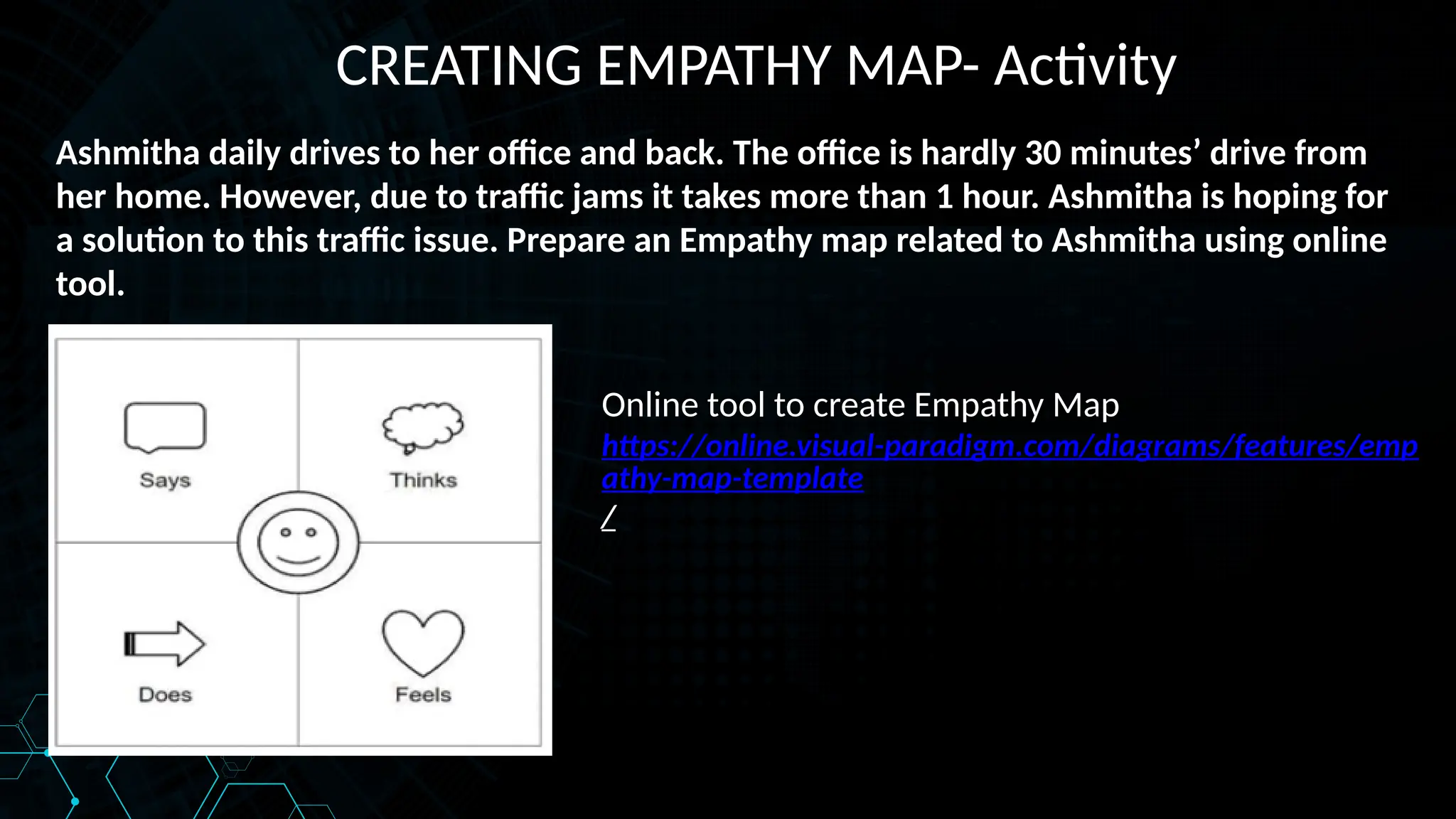 CREATING EMPATHY MAP- Activity
Online tool to create Empathy Map
https://online.visual-paradigm.com/diagrams/features/emp
athy-map-template
/
Ashmitha daily drives to her office and back. The office is hardly 30 minutes’ drive from
her home. However, due to traffic jams it takes more than 1 hour. Ashmitha is hoping for
a solution to this traffic issue. Prepare an Empathy map related to Ashmitha using online
tool.
 