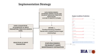 DATA COLLECTION:
ACQUISITION OF INPUT
PARAMETERS THROUGH SENSOR
DATA.
Implementation Strategy
SELECTION OF INPUT
PARAMETERS
DATA PREPROCESSING:
ADDRESSED MISSING VALUES, NAN
VALUES BY REPLACING THEM WITH
MEAN VALUES.
Z-SCORE TO REMOVE OUTLIERS
MODEL 1:
Gradient Boosting Classifier:
Excels with complex feature-target
relationships
POST-PROCESSING:
PROBABILITY BASED
MAINTENANCE ESTIMATION
 