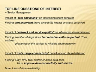 TOP LINE QUESTIONS OF INTEREST
~ Senior Management
Impact of “cost and billing” on influencing churn behavior
Finding: Not important (have almost 0% impact on churn behavior)
Impact of “network and service quality” on influencing churn behavior
Finding: Number of days since last retention call is important. Thus,
address
grievances at the earliest to mitigate churn behavior.
Impact of “data usage connectivity” on influencing churn behavior
Finding: Only 10%-15% customer make data calls.
Thus, improve data connectivity and service.
Note: Lack of data availability
 