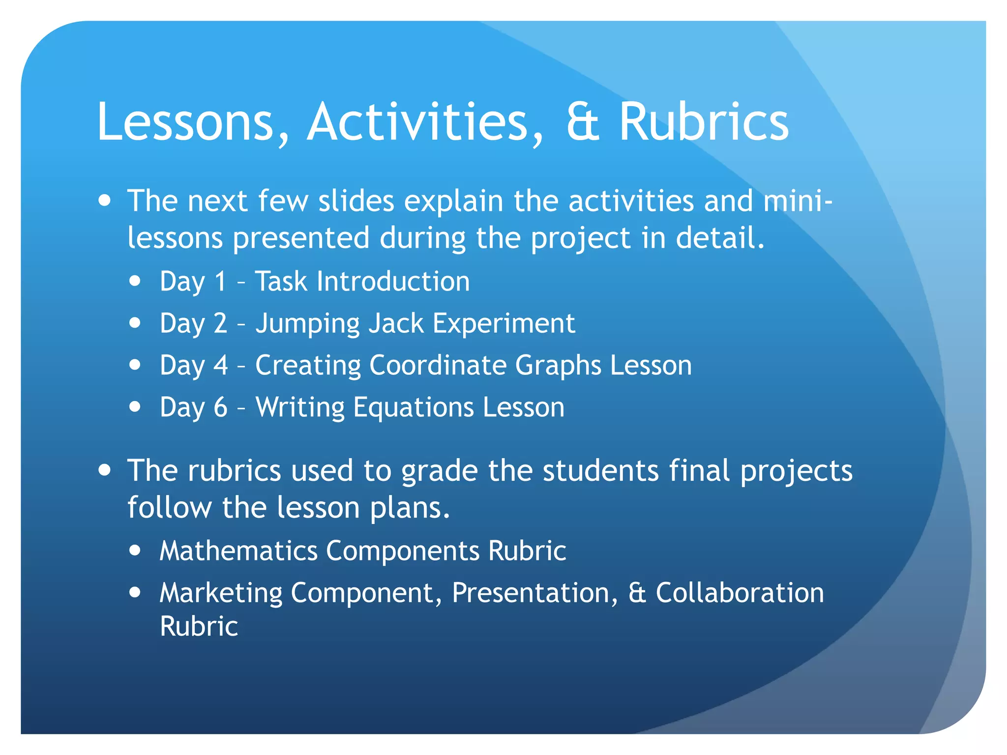 Lessons, Activities, & RubricsThe next few slides explain the activities and mini-lessons presented during the project in detail. Day 1 – Task IntroductionDay 2 – Jumping Jack ExperimentDay 4 – Creating Coordinate Graphs LessonDay 6 – Writing Equations LessonThe rubrics used to grade the students final projects follow the lesson plans. Mathematics Components RubricMarketing Component, Presentation, & Collaboration Rubric