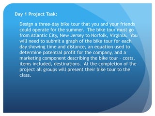 Day 1 Project Task:  	Design a three-day bike tour that you and your friends could operate for the summer.  The bike tour must go from Atlantic City, New Jersey to Norfolk, Virginia.  You will need to submit a graph of the bike tour for each day showing time and distance, an equation used to determine potential profit for the company, and a marketing component describing the bike tour – costs, items included, destinations.  At the completion of the project all groups will present their bike tour to the class. 
