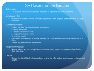 Day 6 Lesson: Writing EquationsObjectives:  The students will learn how to write equations to represent real-world problems.  Anticipatory Set: Discuss what students already know about equations, their purpose, and the benefits of using equations.Guided Instruction: Explain the ISAW steps used to write an equation.  I – identify the variablesS – state the relationship in wordsA – assign a letter to each variableW – write the equationComplete a few examples of writing equation for a real-world problem using these steps as a class.Answer any questions and review steps.Independent Practice:Have students work on using these steps to write an equation for potential profits for their bike tour. Closure:Discuss the benefits of using equations to analyze information as compared to tables and graphs.  