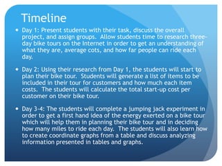 TimelineDay 1: Present students with their task, discuss the overall project, and assign groups.  Allow students time to research three-day bike tours on the Internet in order to get an understanding of what they are, average cots, and how far people can ride each day. Day 2: Using their research from Day 1, the students will start to plan their bike tour.  Students will generate a list of items to be included in their tour for customers and how much each item costs.  The students will calculate the total start-up cost per customer on their bike tour.   Day 3-4: The students will complete a jumping jack experiment in order to get a first hand idea of the energy exerted on a bike tour which will help them in planning their bike tour and in deciding how many miles to ride each day.  The students will also learn how to create coordinate graphs from a table and discuss analyzing information presented in tables and graphs.   