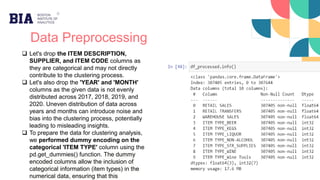Data Preprocessing
 Let's drop the ITEM DESCRIPTION,
SUPPLIER, and ITEM CODE columns as
they are categorical and may not directly
contribute to the clustering process.
 Let's also drop the 'YEAR' and 'MONTH'
columns as the given data is not evenly
distributed across 2017, 2018, 2019, and
2020. Uneven distribution of data across
years and months can introduce noise and
bias into the clustering process, potentially
leading to misleading insights.
 To prepare the data for clustering analysis,
we performed dummy encoding on the
categorical 'ITEM TYPE' column using the
pd.get_dummies() function. The dummy
encoded columns allow the inclusion of
categorical information (item types) in the
numerical data, ensuring that this
 