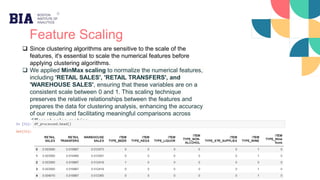 Feature Scaling
 Since clustering algorithms are sensitive to the scale of the
features, it's essential to scale the numerical features before
applying clustering algorithms.
 We applied MinMax scaling to normalize the numerical features,
including 'RETAIL SALES', 'RETAIL TRANSFERS', and
'WAREHOUSE SALES', ensuring that these variables are on a
consistent scale between 0 and 1. This scaling technique
preserves the relative relationships between the features and
prepares the data for clustering analysis, enhancing the accuracy
of our results and facilitating meaningful comparisons across
different sales metrics.
 