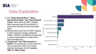 Data Exploration
 The "Store Special Wine," "Store
Special Beer Quart," and "Store Special
Liquor" items within the REF category
likely represent specific promotional or
discounted offerings for these beverage
types.
 Moving these items from the REF category
to their respective broader categories
(WINE, LIQUOR, and BEER) could provide
a clearer representation of sales within
each beverage type.
 "Corkscrew" and "Wine Aerator-in
Bottle" are accessories or tools related to
wine consumption rather than actual
alcoholic beverages. So let's rename
'REF' to "Wine Tools".
 