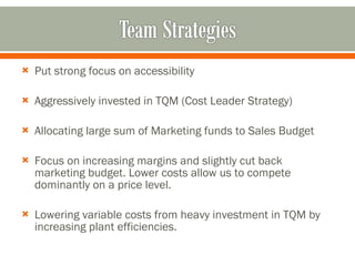 Put strong focus on accessibility Aggressively invested in TQM (Cost Leader Strategy) Allocating large sum of Marketing funds to Sales Budget  Focus on increasing margins and slightly cut back marketing budget. Lower costs allow us to compete dominantly on a price level.  Lowering variable costs from heavy investment in TQM by increasing plant efficiencies. 