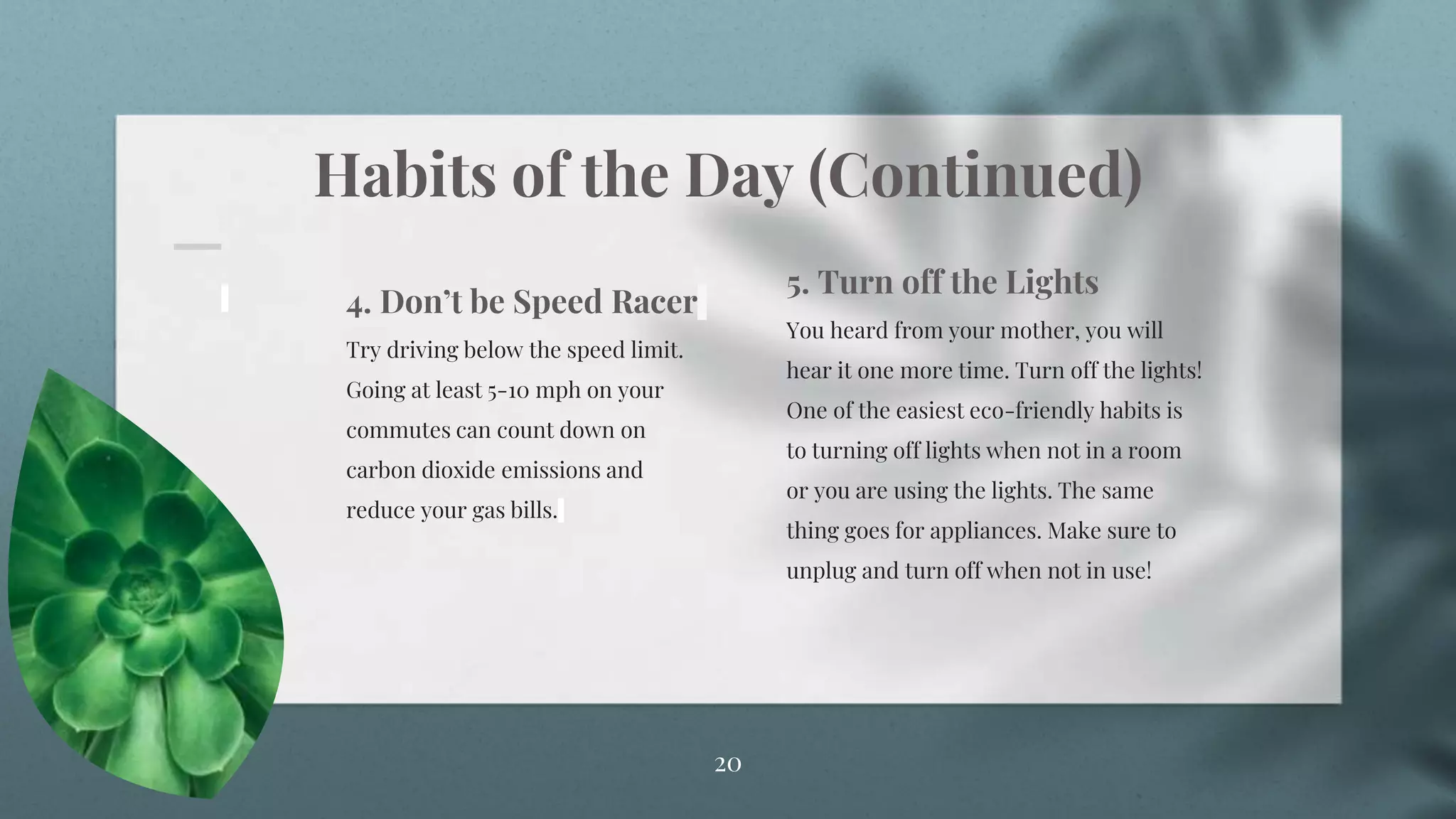 Habits of the Day (Continued)
20
4. Don’t be Speed Racer
Try driving below the speed limit.
Going at least 5-10 mph on your
commutes can count down on
carbon dioxide emissions and
reduce your gas bills.
5. Turn off the Lights
You heard from your mother, you will
hear it one more time. Turn off the lights!
One of the easiest eco-friendly habits is
to turning off lights when not in a room
or you are using the lights. The same
thing goes for appliances. Make sure to
unplug and turn off when not in use!
 