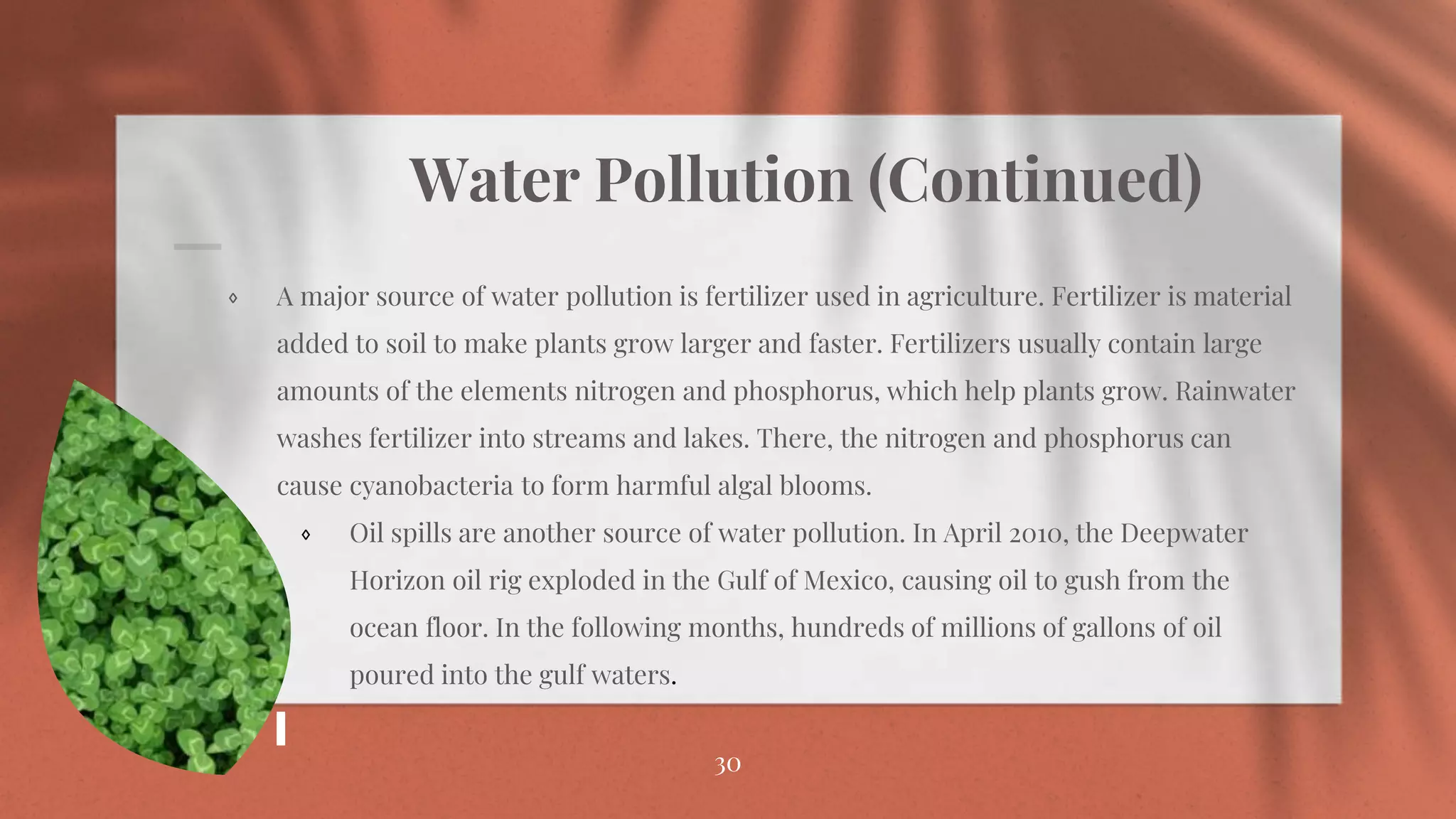 Water Pollution (Continued)
⋄ A major source of water pollution is fertilizer used in agriculture. Fertilizer is material
added to soil to make plants grow larger and faster. Fertilizers usually contain large
amounts of the elements nitrogen and phosphorus, which help plants grow. Rainwater
washes fertilizer into streams and lakes. There, the nitrogen and phosphorus can
cause cyanobacteria to form harmful algal blooms.
⋄ Oil spills are another source of water pollution. In April 2010, the Deepwater
Horizon oil rig exploded in the Gulf of Mexico, causing oil to gush from the
ocean floor. In the following months, hundreds of millions of gallons of oil
poured into the gulf waters.
30
 