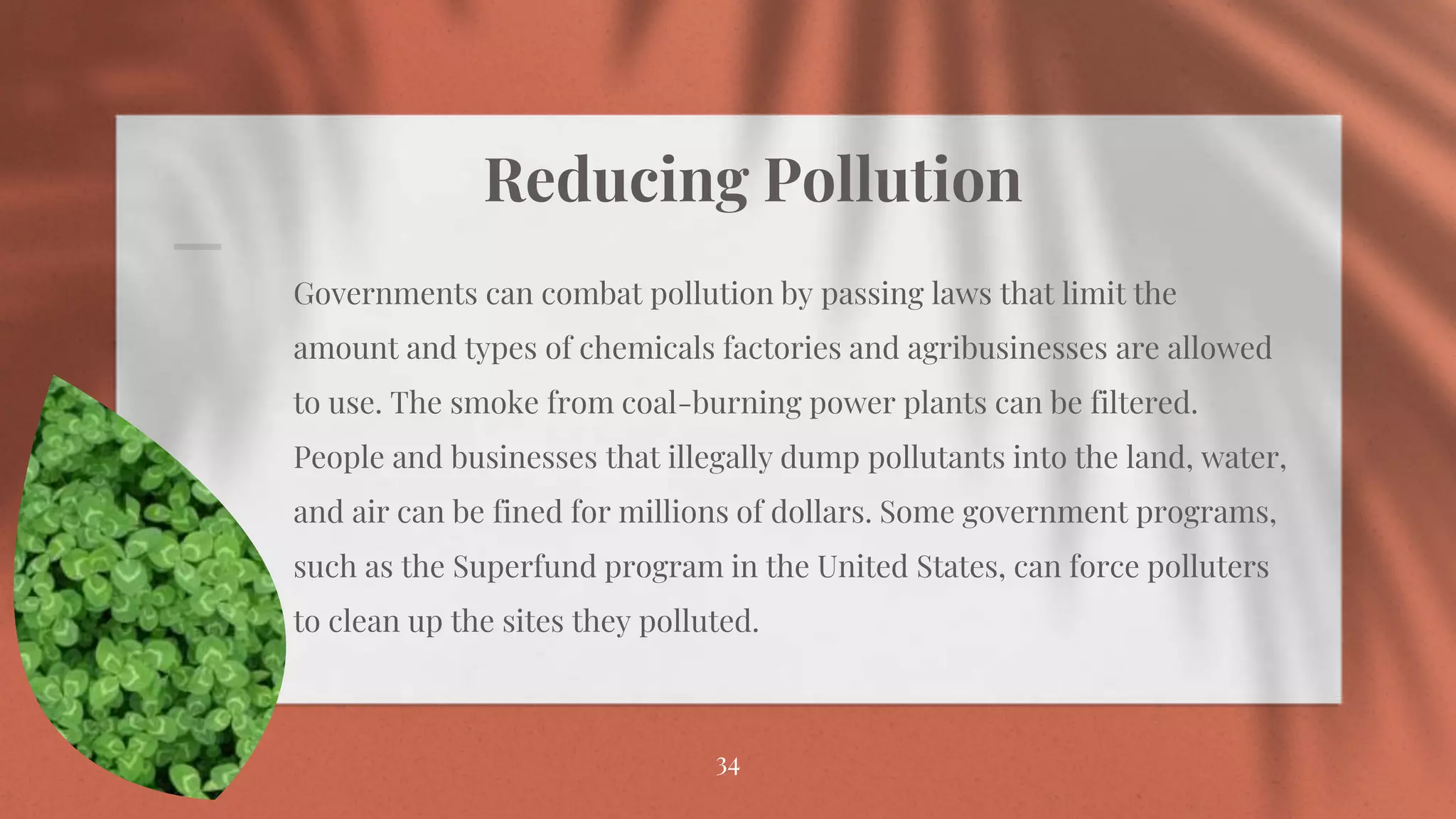 Reducing Pollution
Governments can combat pollution by passing laws that limit the
amount and types of chemicals factories and agribusinesses are allowed
to use. The smoke from coal-burning power plants can be filtered.
People and businesses that illegally dump pollutants into the land, water,
and air can be fined for millions of dollars. Some government programs,
such as the Superfund program in the United States, can force polluters
to clean up the sites they polluted.
34
 