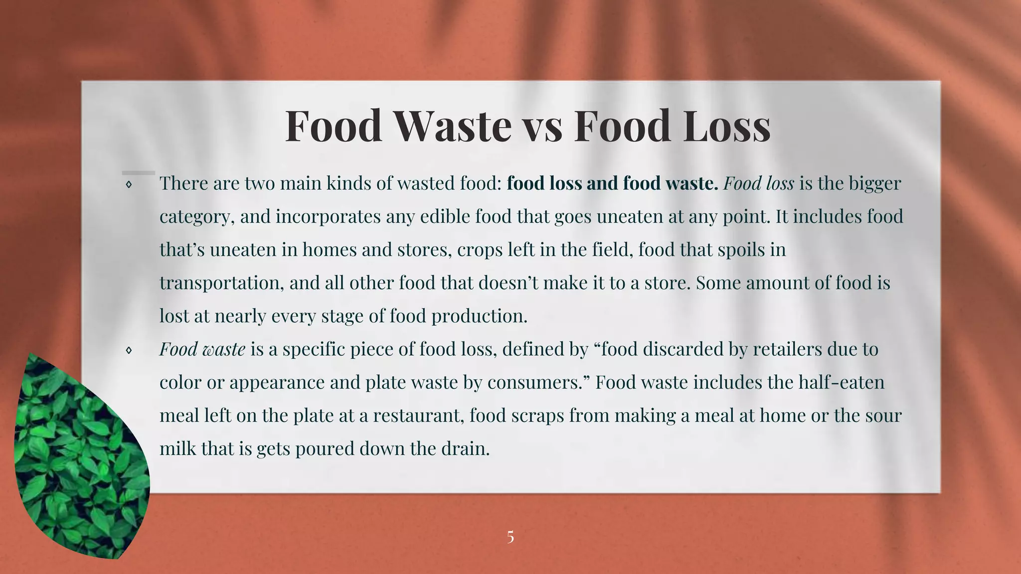 Food Waste vs Food Loss
⋄ There are two main kinds of wasted food: food loss and food waste. Food loss is the bigger
category, and incorporates any edible food that goes uneaten at any point. It includes food
that’s uneaten in homes and stores, crops left in the field, food that spoils in
transportation, and all other food that doesn’t make it to a store. Some amount of food is
lost at nearly every stage of food production.
⋄ Food waste is a specific piece of food loss, defined by “food discarded by retailers due to
color or appearance and plate waste by consumers.” Food waste includes the half-eaten
meal left on the plate at a restaurant, food scraps from making a meal at home or the sour
milk that is gets poured down the drain.
5
 