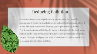 Reducing Pollution
Governments can combat pollution by passing laws that limit the
amount and types of chemicals factories and agribusinesses are allowed
to use. The smoke from coal-burning power plants can be filtered.
People and businesses that illegally dump pollutants into the land, water,
and air can be fined for millions of dollars. Some government programs,
such as the Superfund program in the United States, can force polluters
to clean up the sites they polluted.
34
 