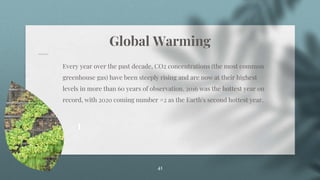 Global Warming
Every year over the past decade, CO2 concentrations (the most common
greenhouse gas) have been steeply rising and are now at their highest
levels in more than 60 years of observation. 2016 was the hottest year on
record, with 2020 coming number #2 as the Earth's second hottest year.
41
 
