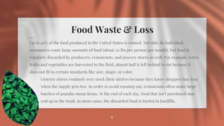 Food Waste & Loss
⋄ Up to 40% of the food produced in the United States is wasted. Not only do individual
consumers waste large amounts of food (about 20 lbs per person per month), but food is
regularly discarded by producers, restaurants, and grocery stores as well. For example, when
fruits and vegetables are harvested in the field, almost half is left behind to rot because it
does not fit to certain standards like size, shape, or color.
⋄ Grocery stores routinely over stock their shelves because they know shoppers buy less
when the supply gets low. In order to avoid running out, restaurants often make large
batches of popular menu items. At the end of each day, food that isn’t purchased may
end up in the trash. In most cases, the discarded food is buried in landfills.
6
 