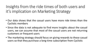 Insights from the ride times of both users and
it’s implication on Marketing Strategy
• Our data shows that the casual use...