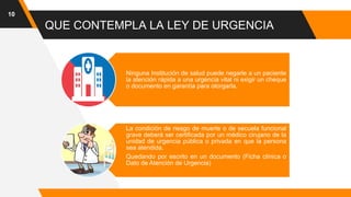 QUE CONTEMPLA LA LEY DE URGENCIA
10
Ninguna Institución de salud puede negarle a un paciente
la atención rápida a una urgencia vital ni exigir un cheque
o documento en garantía para otorgarla.
La condición de riesgo de muerte o de secuela funcional
grave deberá ser certificada por un médico cirujano de la
unidad de urgencia pública o privada en que la persona
sea atendida.
Quedando por escrito en un documento (Ficha clínica o
Dato de Atención de Urgencia)
 