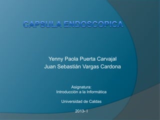 Yenny Paola Puerta Carvajal
Juan Sebastián Vargas Cardona
Asignatura:
Introducción a la Informática
Universidad de Caldas
2013- I
 