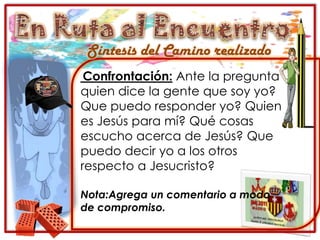 En Ruta al EncuentroSíntesis del Camino realizadoConfrontación: Ante la pregunta quien dice la gente que soy yo? Que puedo responder yo? Quien es Jesús para mí? Qué cosas escucho acerca de Jesús? Que puedo decir yo a los otros respecto a Jesucristo?Nota:Agrega un comentario a modo de compromiso.