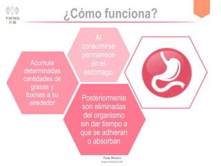 ¿Cómo funciona?
Acumula
determinadas
cantidades de
grasas y
toxinas a su
alrededor
Posteriormente
son eliminadas
del organismo
sin dar tiempo a
que se adhieran
o absorban
Al
consumirse
permanece
en el
estómago
 