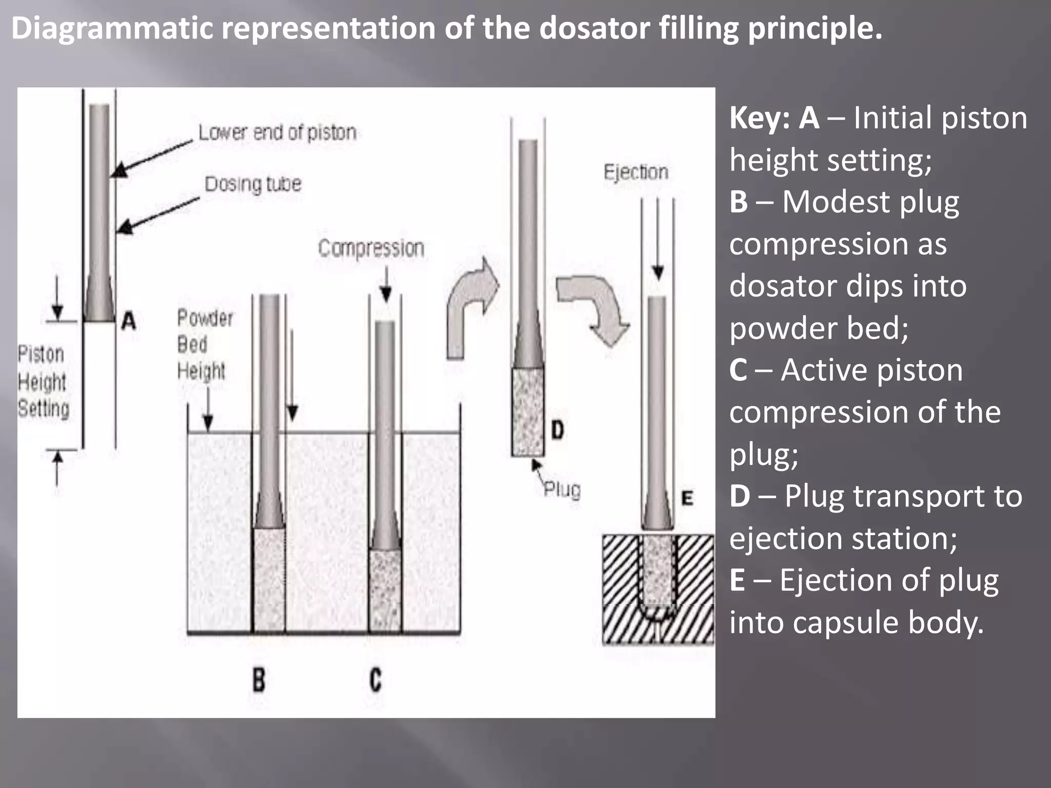 Diagrammatic representation of the dosator filling principle.
Key: A – Initial piston
height setting;
B – Modest plug
compression as
dosator dips into
powder bed;
C – Active piston
compression of the
plug;
D – Plug transport to
ejection station;
E – Ejection of plug
into capsule body.

 