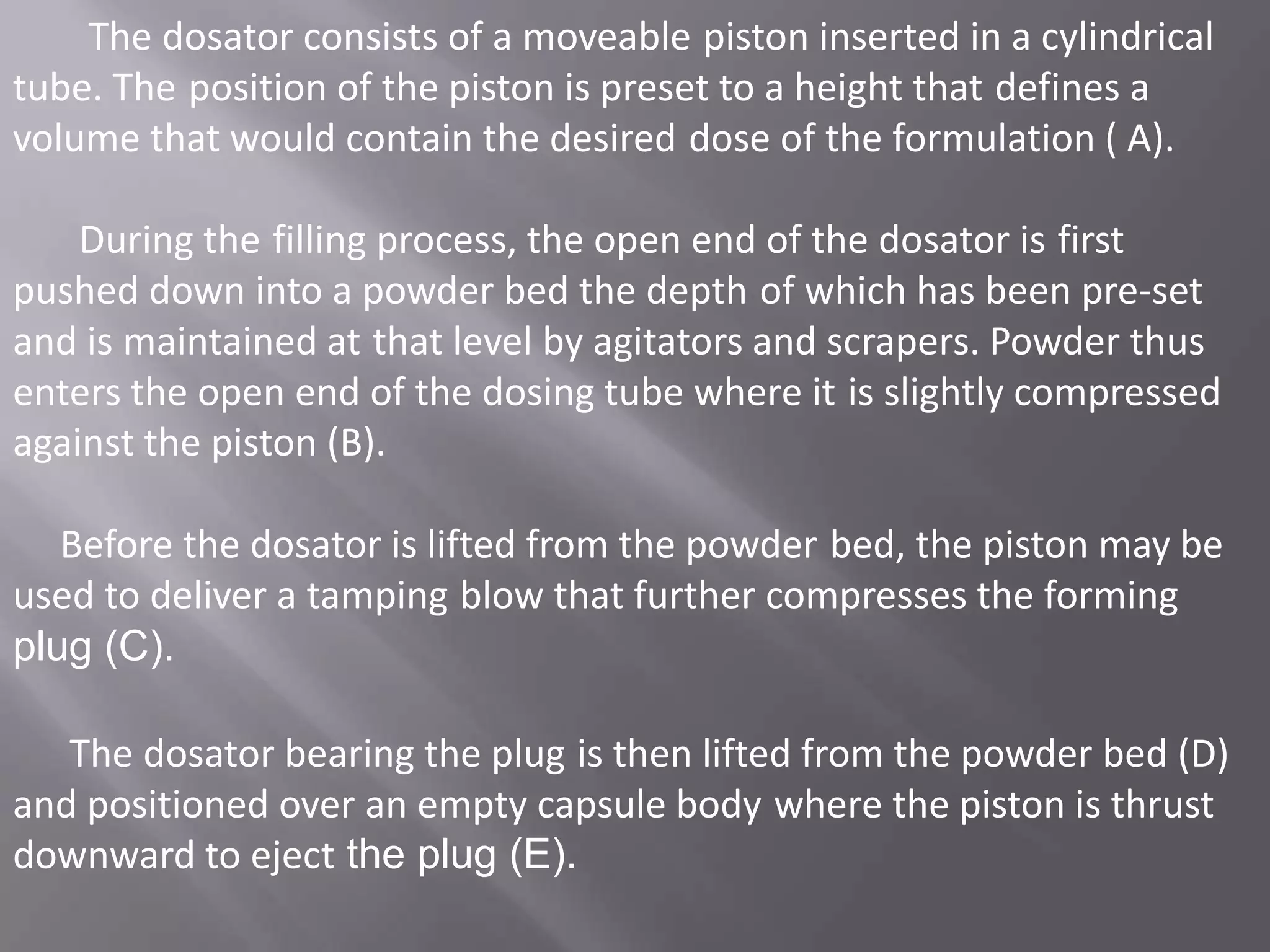 The dosator consists of a moveable piston inserted in a cylindrical
tube. The position of the piston is preset to a height that defines a
volume that would contain the desired dose of the formulation ( A).
During the filling process, the open end of the dosator is first
pushed down into a powder bed the depth of which has been pre-set
and is maintained at that level by agitators and scrapers. Powder thus
enters the open end of the dosing tube where it is slightly compressed
against the piston (B).
Before the dosator is lifted from the powder bed, the piston may be
used to deliver a tamping blow that further compresses the forming
plug (C).

The dosator bearing the plug is then lifted from the powder bed (D)
and positioned over an empty capsule body where the piston is thrust
downward to eject the plug (E).

 