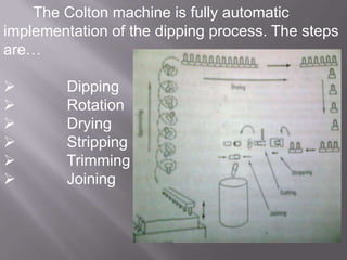 The Colton machine is fully automatic
implementation of the dipping process. The steps
are…







Dipping
Rotation
Drying
Stripping
Trimming
Joining

 