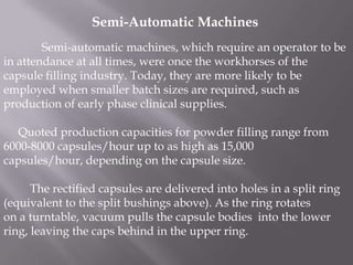 Semi-Automatic Machines
Semi-automatic machines, which require an operator to be
in attendance at all times, were once the workhorses of the
capsule filling industry. Today, they are more likely to be
employed when smaller batch sizes are required, such as
production of early phase clinical supplies.
Quoted production capacities for powder filling range from
6000-8000 capsules/hour up to as high as 15,000
capsules/hour, depending on the capsule size.
The rectified capsules are delivered into holes in a split ring
(equivalent to the split bushings above). As the ring rotates
on a turntable, vacuum pulls the capsule bodies into the lower
ring, leaving the caps behind in the upper ring.

 