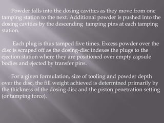 Powder falls into the dosing cavities as they move from one
tamping station to the next. Additional powder is pushed into the
dosing cavities by the descending tamping pins at each tamping
station.

Each plug is thus tamped five times. Excess powder over the
disc is scraped off as the dosing-disc indexes the plugs to the
ejection station where they are positioned over empty capsule
bodies and ejected by transfer pins.
For a given formulation, size of tooling and powder depth
over the disc, the fill weight achieved is determined primarily by
the thickness of the dosing disc and the piston penetration setting
(or tamping force).

 