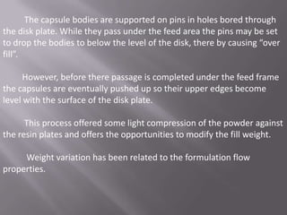 The capsule bodies are supported on pins in holes bored through
the disk plate. While they pass under the feed area the pins may be set
to drop the bodies to below the level of the disk, there by causing “over
fill”.
However, before there passage is completed under the feed frame
the capsules are eventually pushed up so their upper edges become
level with the surface of the disk plate.
This process offered some light compression of the powder against
the resin plates and offers the opportunities to modify the fill weight.

Weight variation has been related to the formulation flow
properties.

 