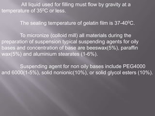 All liquid used for filling must flow by gravity at a
temperature of 350C or less.
The sealing temperature of gelatin film is 37-400C.
To micronize (colloid mill) all materials during the
preparation of suspension typical suspending agents for oily
bases and concentration of base are beeswax(5%), paraffin
wax(5%) and aluminium stearates (1-6%).
Suspending agent for non oily bases include PEG4000
and 6000(1-5%), solid nonionic(10%), or solid glycol esters (10%).

 