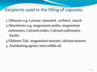 Excipients used in the filling of capsules:
14
1. Diluents: e.g. Lactose, mannitol , sorbitol , starch
2.Absorbents: e.g. magnesiumoxides, magnesium
carbonates, Calciumoxides, Calciumcarbonates,
Kaolin
3.Glidants: Talc, magnesium stearate, calcium stearate
4. Antidusting agents: inertedibleoil.
 