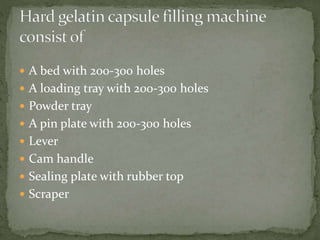  A bed with 200-300 holes
 A loading tray with 200-300 holes
 Powder tray
 A pin plate with 200-300 holes
 Lever
 Cam handle
 Sealing plate with rubber top
 Scraper
 