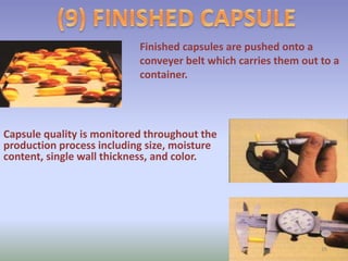 Finished capsules are pushed onto a
conveyer belt which carries them out to a
container.
Capsule quality is monitored throughout the
production process including size, moisture
content, single wall thickness, and color.
16
 