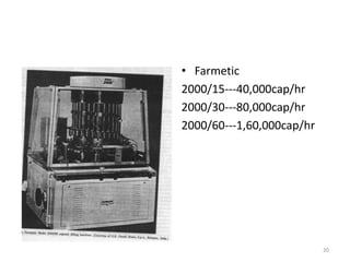 • Farmetic
2000/15---40,000cap/hr
2000/30---80,000cap/hr
2000/60---1,60,000cap/hr
20
 
