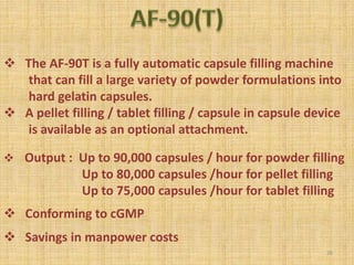  The AF-90T is a fully automatic capsule filling machine
that can fill a large variety of powder formulations into
hard gelatin capsules.
 A pellet filling / tablet filling / capsule in capsule device
is available as an optional attachment.
 Output : Up to 90,000 capsules / hour for powder filling
Up to 80,000 capsules /hour for pellet filling
Up to 75,000 capsules /hour for tablet filling
 Conforming to cGMP
 Savings in manpower costs
26
 