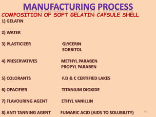COMPOSITION OF SOFT GELATIN CAPSULE SHELL
1) GELATIN
2) WATER
3) PLASTICIZER GLYCERIN
SORBITOL
4) PRESERVATIVES METHYL PARABEN
PROPYL PARABEN
5) COLORANTS F.D & C CERTIFIED LAKES
6) OPACIFIER TITANIUM DIOXIDE
7) FLAVOURING AGENT ETHYL VANILLIN
8) ANTI TANNING AGENT FUMARIC ACID (AIDS TO SOLUBILITY) 54
 