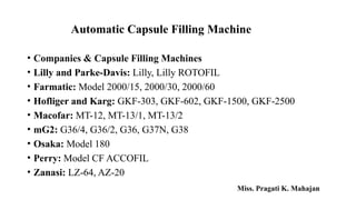 • Companies & Capsule Filling Machines
• Lilly and Parke-Davis: Lilly, Lilly ROTOFIL
• Farmatic: Model 2000/15, 2000/30, 2000/60
• Hofliger and Karg: GKF-303, GKF-602, GKF-1500, GKF-2500
• Macofar: MT-12, MT-13/1, MT-13/2
• mG2: G36/4, G36/2, G36, G37N, G38
• Osaka: Model 180
• Perry: Model CF ACCOFIL
• Zanasi: LZ-64, AZ-20
Automatic Capsule Filling Machine
Miss. Pragati K. Mahajan
 