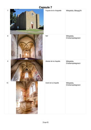 Capsule 7
7 Façade de la chappelle Wikipédia, Bibopg79
8 Nef Wikipédia,
Cristianopelagracci
9 Abside de la chapelle. Wikipédia,
Cristianopelagracci
10 Autel de la chapelle Wikipédia,
Cristianopelagracci
sur3 6
 