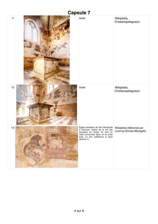 Capsule 7
11 Autel Wikipédia,
Cristianopelagracci
12 Autel Wikipédia,
Cristianopelagracci
13 Eglise templière de San Bevignate
à Pérouse. Scène de la vie des
templiers en Orient. Ils sont en
habit conventuel blanc et en prise
avec un lion (référence à saint
Jérôme ?)
Wikipédia (téléversé par
Lorenza Donata Menigatti)
sur4 6
 