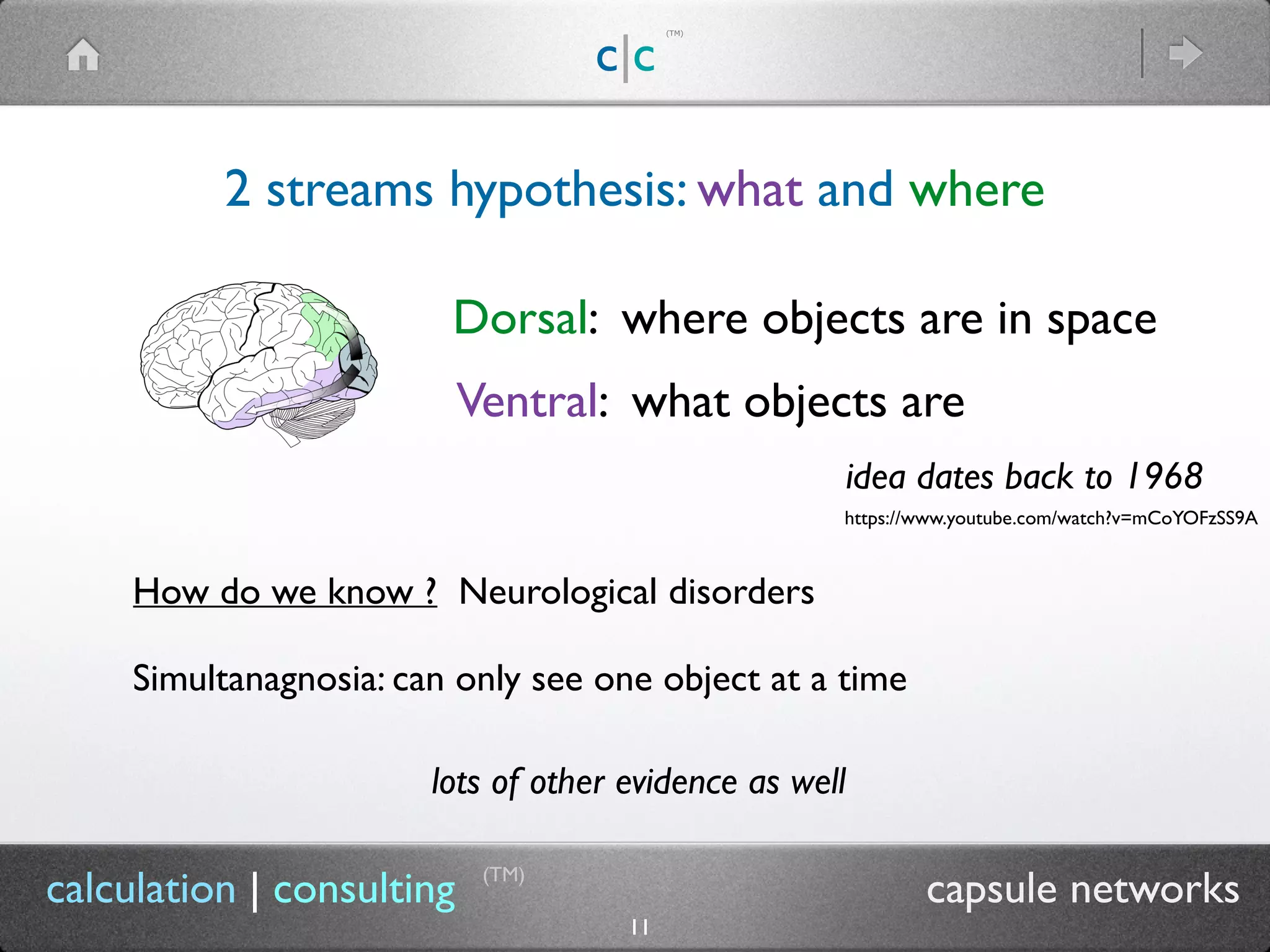 c|c
(TM)
(TM)
11
calculation | consulting capsule networks
2 streams hypothesis: what and where
Ventral: what objects are
Dorsal: where objects are in space
How do we know ? Neurological disorders
Simultanagnosia: can only see one object at a time
idea dates back to 1968
lots of other evidence as well
https://www.youtube.com/watch?v=mCoYOFzSS9A
 